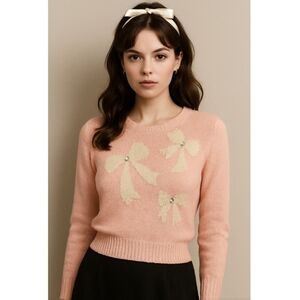 Christine Pink Beaded Rhinestone Bows Sweater Women's L Vintage Coquette Cottage